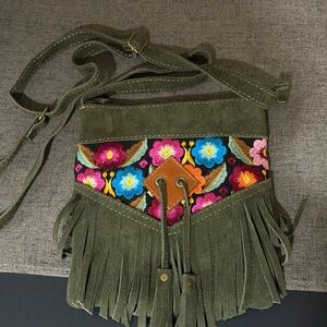 Embroidered Fringe Crossbody Bag - Olive Green